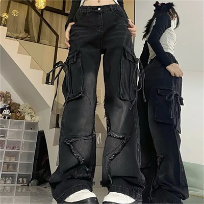 Siyah Yıldız Yamalı Vintage Kargo Cepli Baggy Kot Pantolon