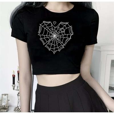 Gotik Spider Web Heart Siyah Kısa Kollu Crop