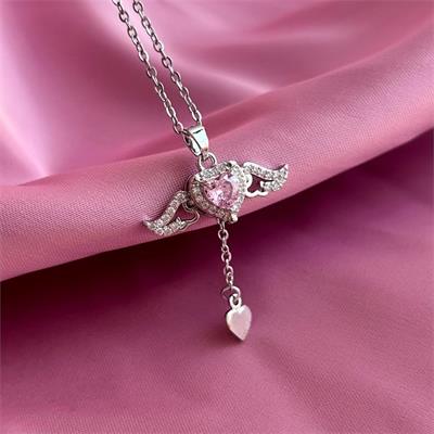Taşlı Kanatlı Sallanan Kalp Silver Zincirli Kolye 