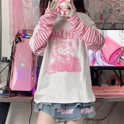 Veteran Hello Kitty Beyaz Unisex Pembe Çizgili Kollu Sweatshirt