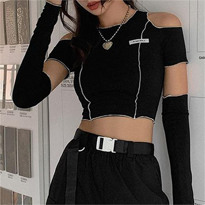 Beyaz Dikiş Detaylı Ve Kolluklu Yarım T-Shirt