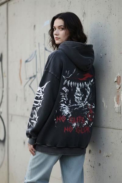 Anime Berserk No Guts No Glory Yıkamalı Kumaş Kapüşonlu Unisex Sweatshirt