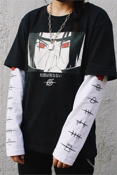 Anime Naruto Uchiha Sembol Detay Beyaz Unisex Kollu T-Shirt 