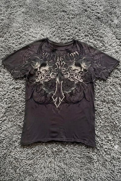 Antrasit Affliction Double Skull Cross Y2K Unisex T-Shirt