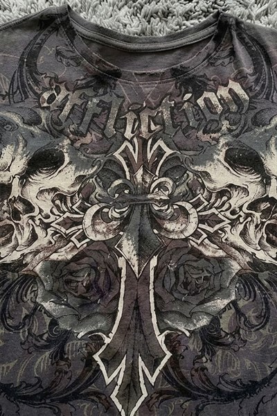 Antrasit Affliction Double Skull Cross Y2K Unisex T-Shirt