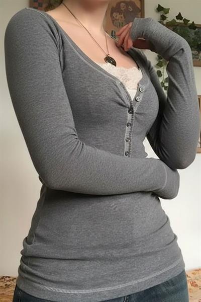 Antrasit Düğme Detaylı Dantelli Henley Yaka Uzun Kollu Bluz