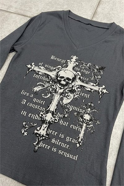Antrasit Gotik Cross Skull Y2K Uzun Kollu Crop