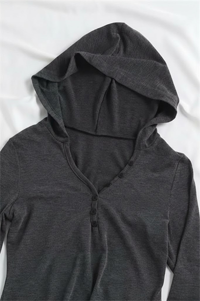 Antrasit Henley Yaka Y2K Kapüşonlu Uzun Kollu Crop