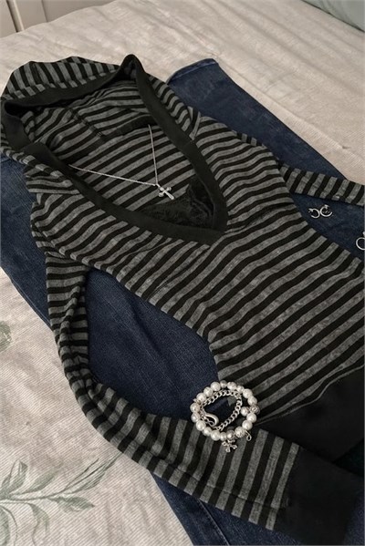 Antrasit Siyah Çizgili Kapüşonlu Gotik Y2K Uzun Kollu Crop