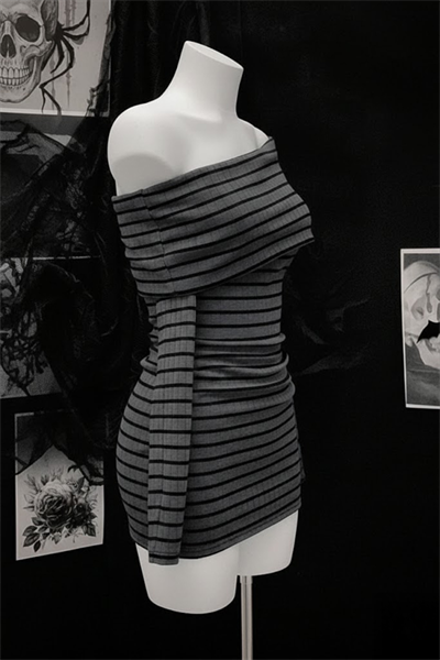 Antrasit Siyah Çizgili Omuz Dekolteli Uzun Kollu Bodycon Elbise