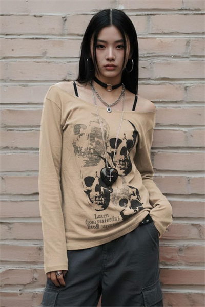 Bej Gotik Skulls Askılı Y2K Uzun Kollu Crop 