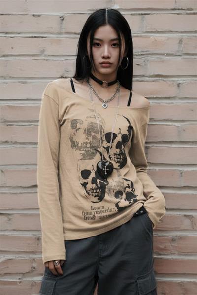 Bej Gotik Skulls Askılı Y2K Uzun Kollu Crop
