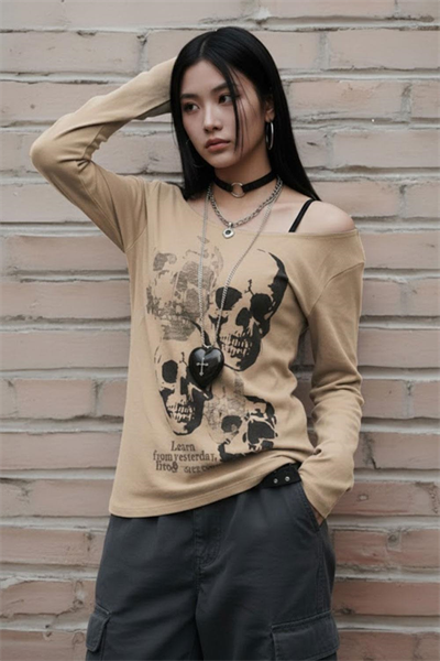 Bej Gotik Skulls Askılı Y2K Uzun Kollu Crop 
