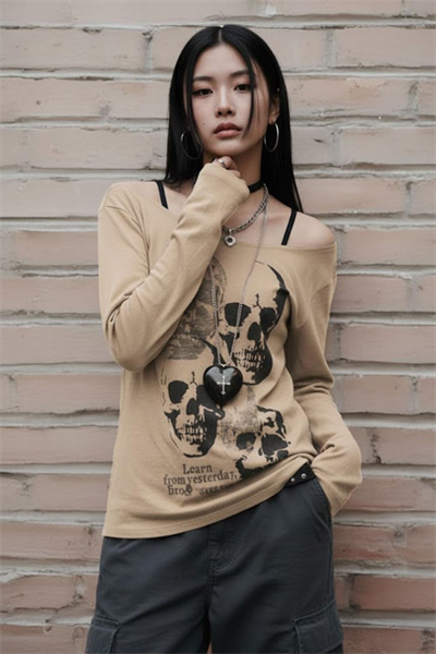 Bej Gotik Skulls Askılı Y2K Uzun Kollu Crop 