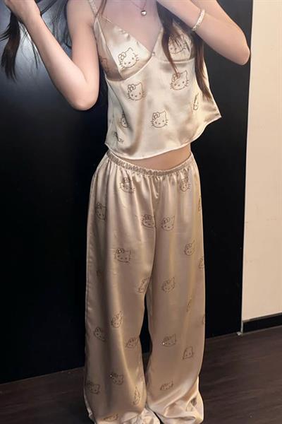Bej Hello Kitty Askılı Y2K Pijama Takımı