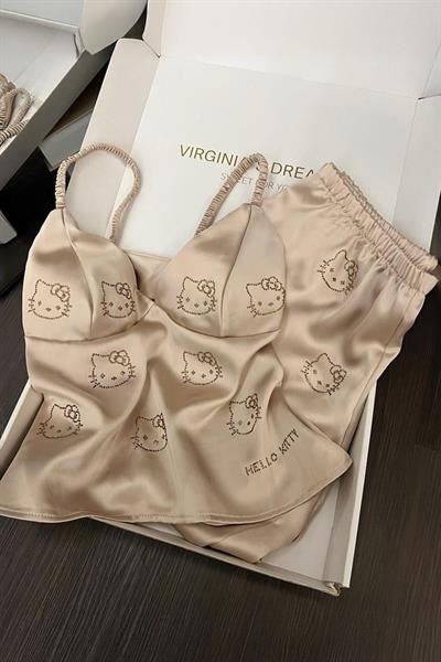 Bej Hello Kitty Askılı Y2K Şort Pijama Takımı