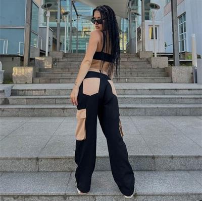 Bej Parçalı Kargo Cepli Siyah Pantolon