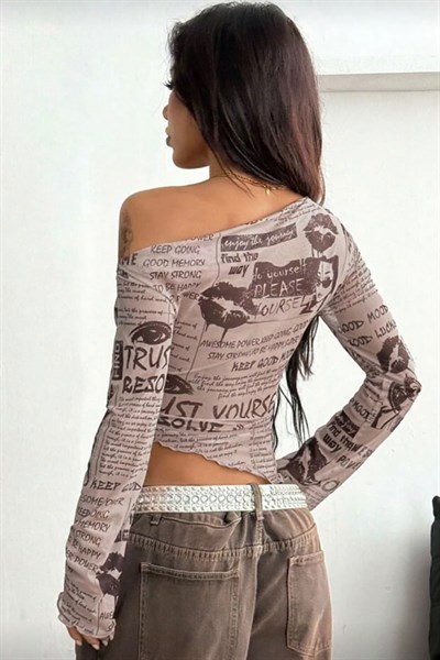 Bej Yourself Collage Asimetrik Kesim Y2K Uzun Kollu Crop