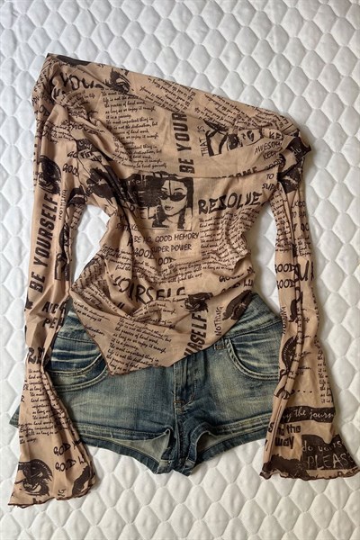 Bej Yourself Collage Asimetrik Kesim Y2K Uzun Kollu Crop