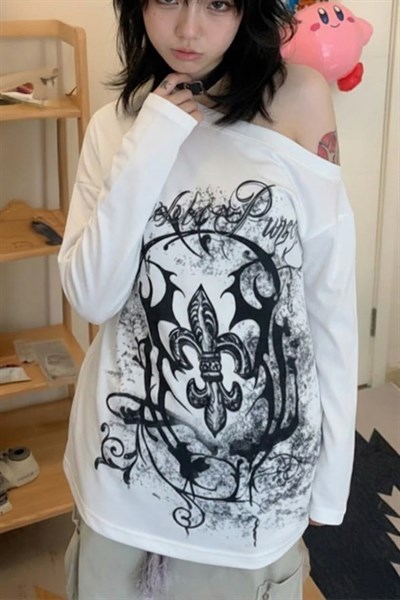 Beyaz Abstract Pattern Gotik Y2K Uzun Kollu Off-Shoulder T-Shirt 