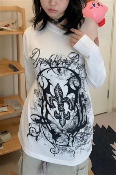 Beyaz Abstract Pattern Gotik Y2K Uzun Kollu Off-Shoulder T-Shirt 