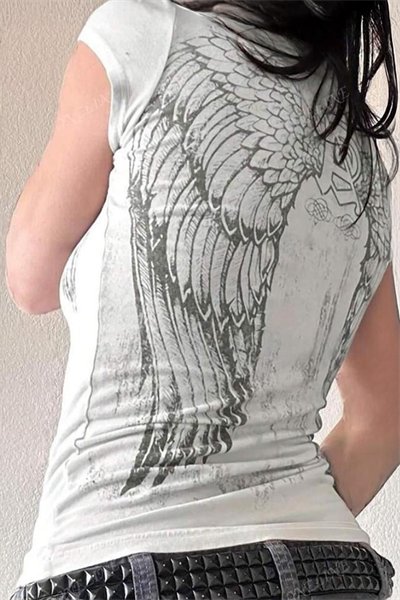 Beyaz Angel Wings Gotik Y2K Kısa Kollu Crop