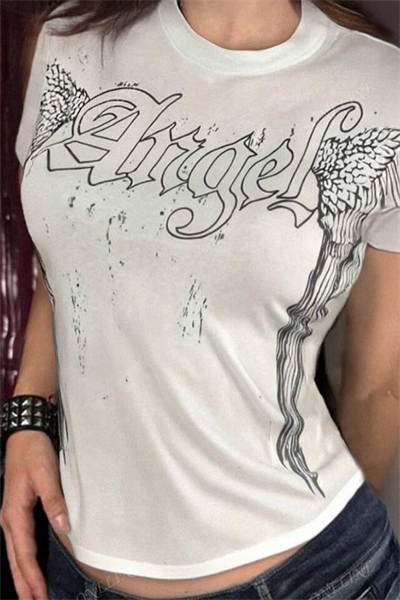 Beyaz Angel Wings Gotik Y2K Kısa Kollu Crop
