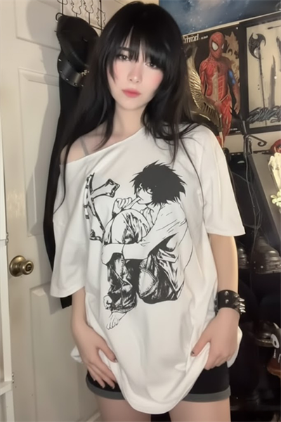 Beyaz Anime Death Note L Cross Y2K Kısa Kollu Off-Shoulder T-Shirt