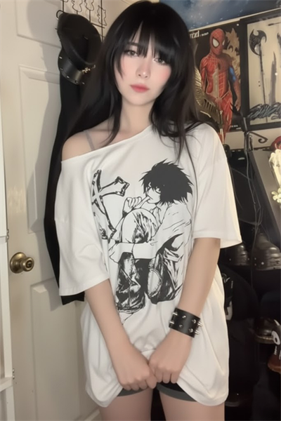 Beyaz Anime Death Note L Cross Y2K Kısa Kollu Off-Shoulder T-Shirt