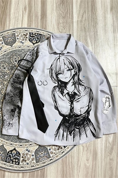 Beyaz Anime Girl Manga Gotik Y2K Unisex Uzun Kollu Pullover Gömlek