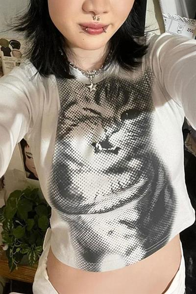 Beyaz Baby Cat Gotik Y2K Uzun Kollu Crop