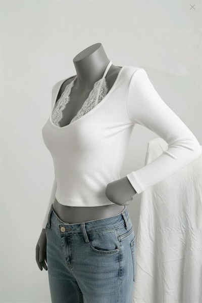 Beyaz Bağlamalı Dantelli Ekli Gotik Y2K Uzun Kollu Crop 