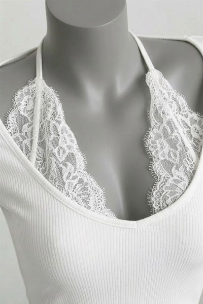 Beyaz Bağlamalı Dantelli Ekli Gotik Y2K Uzun Kollu Crop 