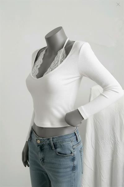 Beyaz Bağlamalı Dantelli Ekli Gotik Y2K Uzun Kollu Crop