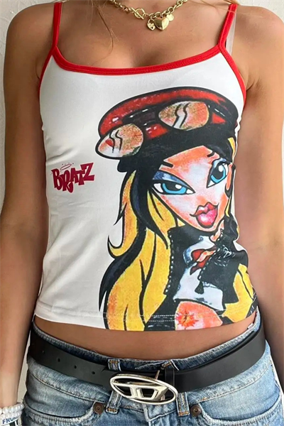 Beyaz Bratz Kırmızı Y2K Askılı Crop