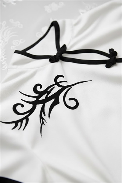 Beyaz Çin Yakalı Floral Motifli Beyaz Şeritli Vintage Y2K Kısa Kollu Crop