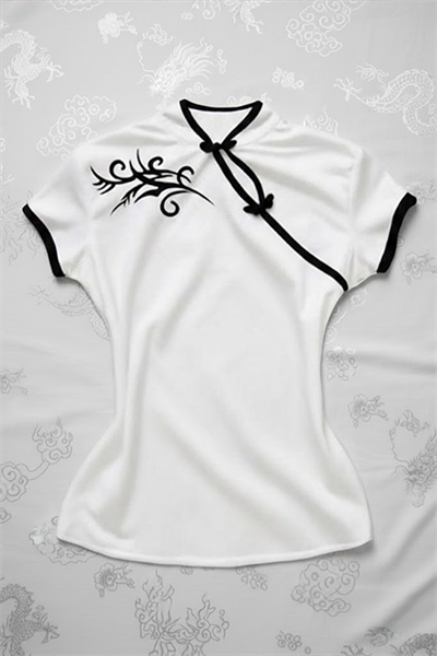 Beyaz Çin Yakalı Floral Motifli Beyaz Şeritli Vintage Y2K Kısa Kollu Crop