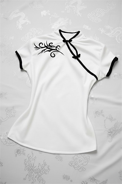 Beyaz Çin Yakalı Floral Motifli Beyaz Şeritli Vintage Y2K Kısa Kollu Crop