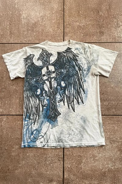 Beyaz Cyber Winged Cross Gotik Y2K Unisex T-Shirt