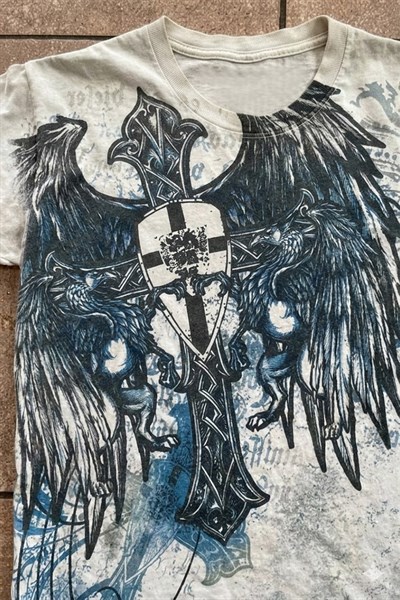 Beyaz Cyber Winged Cross Gotik Y2K Unisex T-Shirt