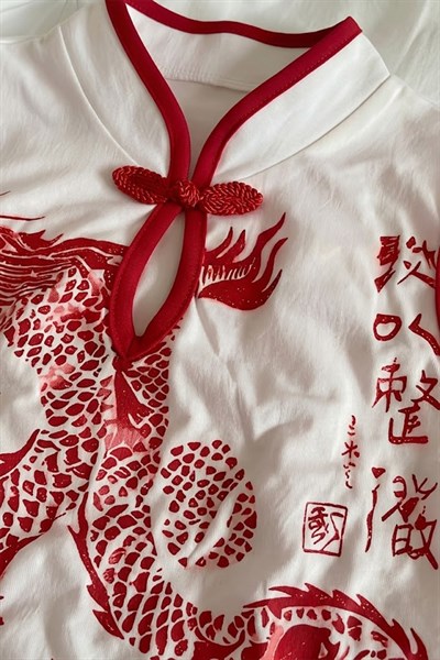 Beyaz Ejderha Motifli Kırmızı Şeritli Qipao Y2K Kısa Kollu Crop