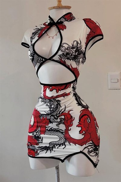 Beyaz Ejderha Motifli Pencere Detaylı Şeritli Qipao Elbise