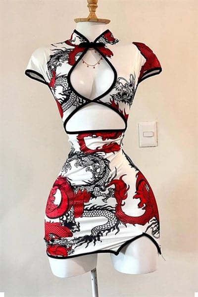 Beyaz Ejderha Motifli Pencere Detaylı Şeritli Qipao Elbise