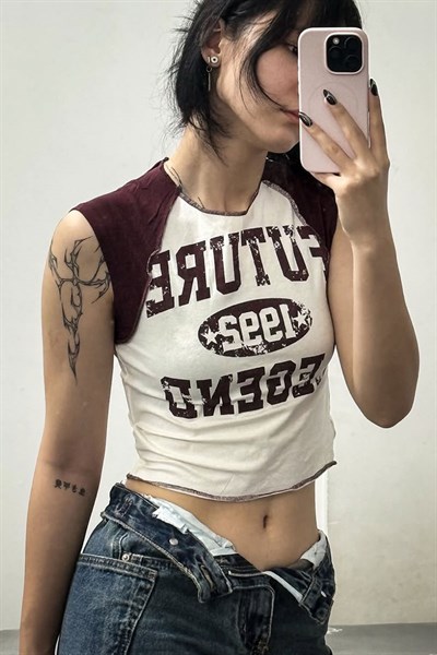 Beyaz Future Kahverengi Raglan Y2K Kısa Kollu Crop