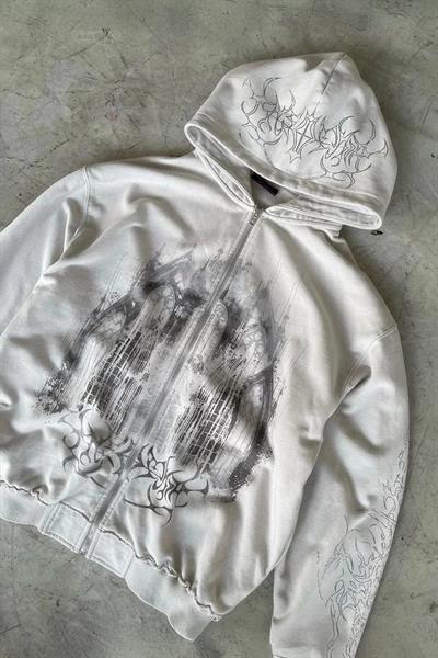 Beyaz Gothic Castle Kapüşonlu Hırka