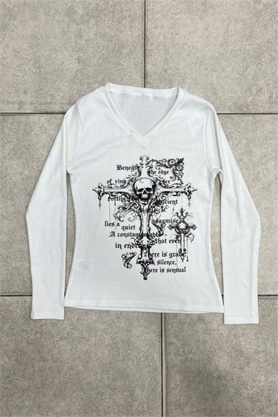 Beyaz Gotik Cross Skull Y2K Uzun Kollu Crop