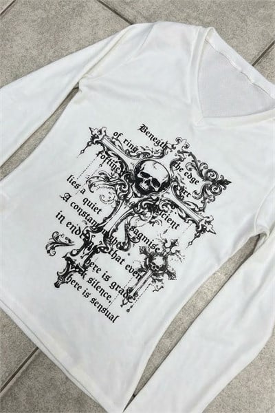 Beyaz Gotik Cross Skull Y2K Uzun Kollu Crop