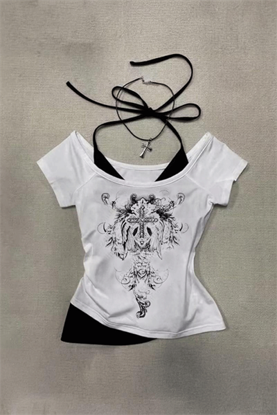 Beyaz Gotik Cross Wing Askılı Y2K Kısa Kollu Crop