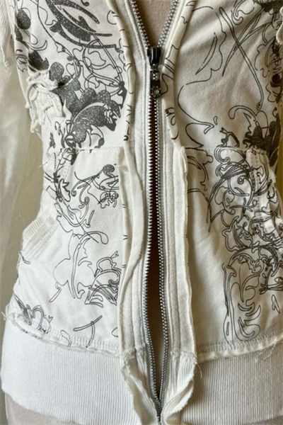 Beyaz Gotik Flower Desenli Y2K Crop Hırka