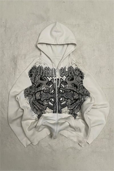 Beyaz Gotik Kelt Cross Streetwear Kapüşonlu Unisex Hırka